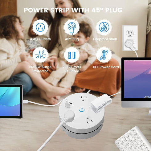 Retractable Extension Cord Power Strip: 6ft Extension Cord Surge Protector with 4 Outlets 2 Smart USB Ports and Hook - Portable Travel Power Strip...