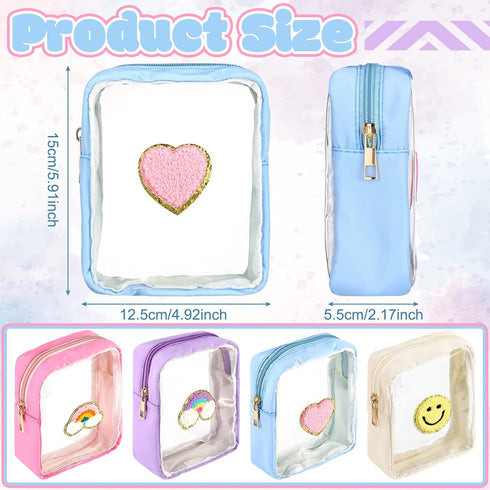 4 Pcs Preppy Patch Makeup Bag Cute Chenille Letter Pouch Cosmetic Makeup Cases Toiletry Bag with Zipper Travel Organizer Stuff Skincare Bags for G...