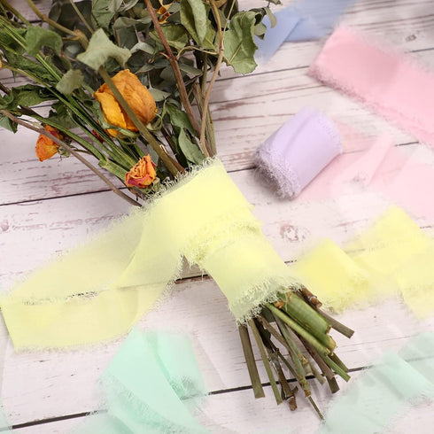 6 Rolls Handmade Fringe Chiffon Silk Ribbon 1.5" x 3 Yd Colorful Ribbon for Wedding Invitations, Bridal Bouquets, Gifts Wrapping, DIY Crafts (Maca...