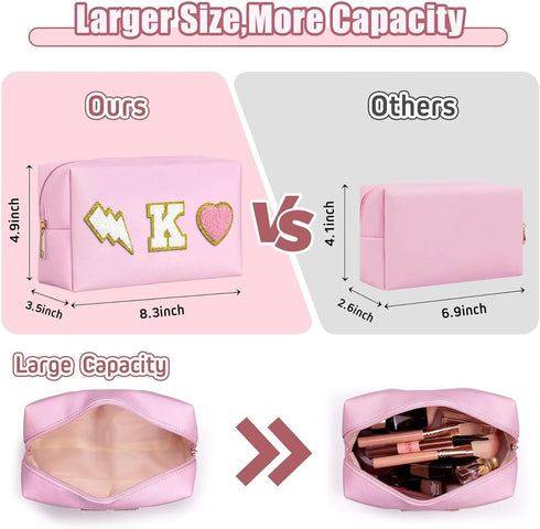 Preppy Makeup Bag, Personalized with Initial Letter, PU Leather Outside, Polyester Lining, Gold Zipper, Large Capacity, 8.3x5.1x3.5 Inch, Perfect ...