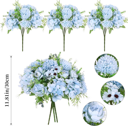 Nubry 3pcs Artificial Flowers Bouquet Fake Peony Silk Hydrangea Wildflowers Arrangements with Stems for Wedding Home Centerpieces Decor (Light Blu...