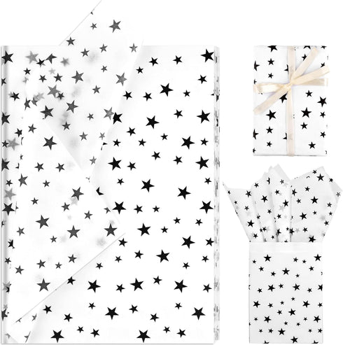 Bolsome 120 Sheets 20 * 14 Inches White Tissue Paper with Black Stars, Black Star Tissue Paper for Gift Wrapping, Black Stars Tissue Paper for Gif...