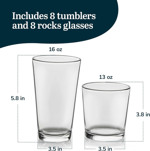 Libbey Flare Tumbler and Rocks Glasses Set, Stylish Lead-Free Drinking Glasses Set of 16, Versatile Dishwasher Safe Kitchen Glassware Set for Part...