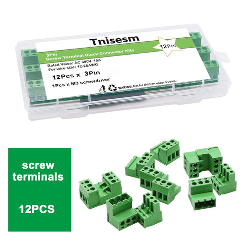 Tnisesm 12Pcs 3 Pin Screw Terminal Block Connector 5.08mm Pitch Pluggable with 3 Pin Phoenix Plug 300V 15A for 28-12AWG Cable...