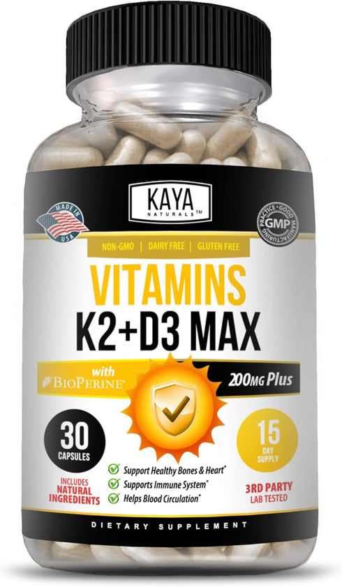 Kaya Naturals Vitamins K2 with D3 5000IU Supplement - Bone and Heart Health Supplement - Vitamin K2 MK-7 Easy to Swallow Supplement - K2 D3 Vitami...