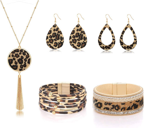 Statement Leopard Jewelry Set For Women Multi Leopard Leather Wrap Bracelet Teardrop Leather Earrings Long Tassel Round Pendant Necklace Set...