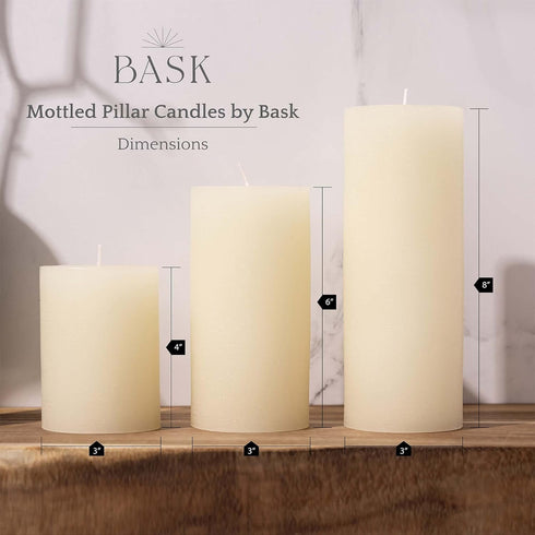 BASK Mottled Pillar Candles - Unscented Ivory Pillar Candles Set of 3 - Dripless, Smokeless for All Occasions...