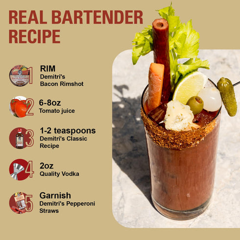 Demitri's Bloody Mary Pepperoni Straws - Smoky Edible Straw Made With Pork and Chicken - Cocktail Garnish Snack - Perfect for Brunch Drinks or Par...