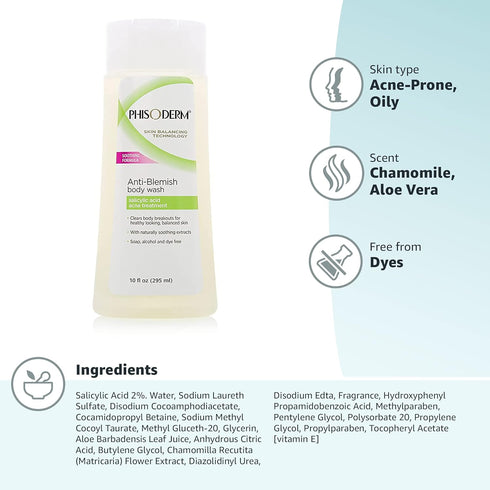 pHisoderm Anti-Blemish Body Wash for Acne, 10 fl oz Bottle...