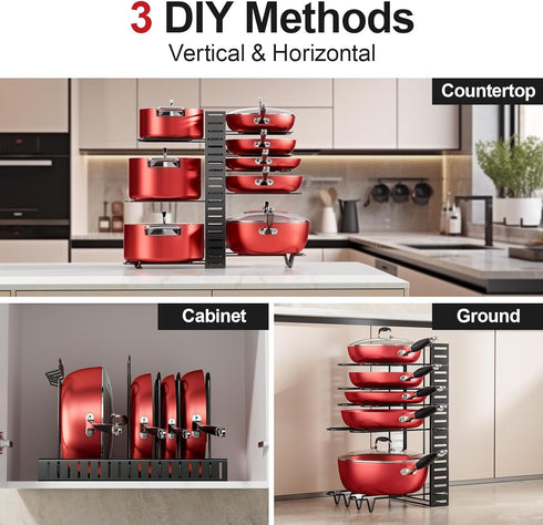 MUDEELA Pots and Pans Organizer Rack under Cabinet, 8-Tier Kitchen Organizers and Storage Pot Racks, Adjustable Pot Organizers inside Cabinet with...