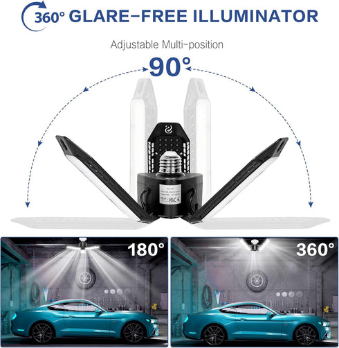Garage Light - 2 Pack - 8000LM Glare-Free 360° Illuminator 60W 6500K Deformable Garage E26/E27 LED Light for Basements, Barn, Farmhouse and Attics...