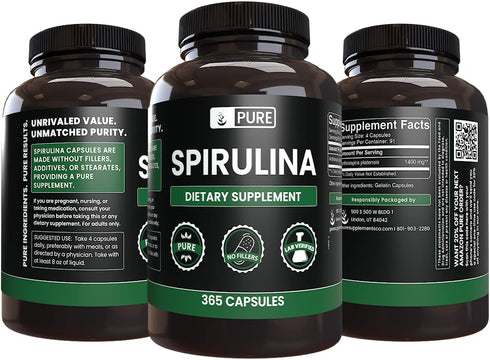 Pure Original Ingredients Spirulina (365 Capsules) No Magnesium Or Rice Fillers, Always Pure, Lab Verified...