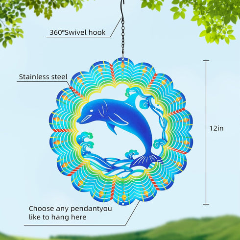 Wind Spinners Dolphint Gifts for Men Women-12 Inch 3D Stainless Hanging Garden Decor Metal Wind Sculptures for Spinner Sea Wave Outside Garden Win...