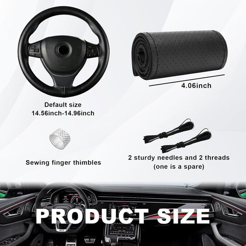 Leather Steering Wheel Cover, Stitch On Wrap, Breathable Anti-Slip Car Steering Wheel Protector for Max Diameter 15'', DIY Sewing with Needle Thre...