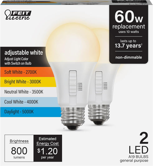 Feit Electric A19 LED Light Bulb, 60W Equivalent, Non-Dimmable, 5CCT, E26 Medium Base, 90 CRI, 800 Lumens, Standard Light Bulb with Switch on Bulb...