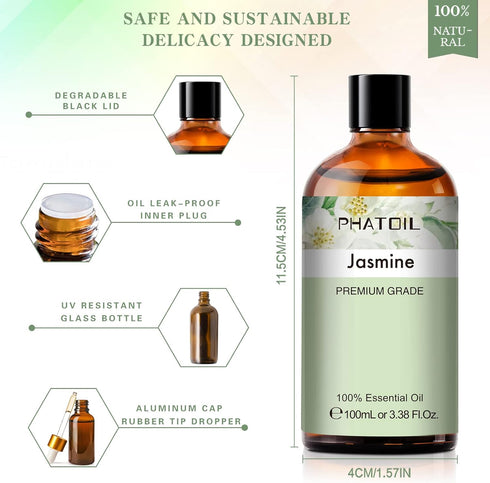 3.38FL.OZ Jasmine Essential Oil with Glass Dropper, for Aromatherapy Diffusers, Humidifiers, Great for DIY Candle and Soap Making, Huge 100ML Bott...