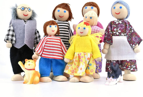 Wooden Dollhouse People, 2-4 inches Doll House Dolls Family with 2 Pets (Dog and Cat)...