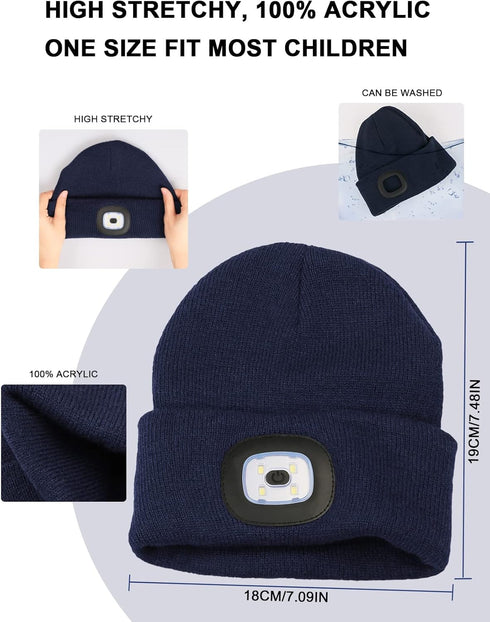 MELASA Unisex Kids LED Beanie, USB Rechargeable Hands Free Headlamp Hat, Night Flashlight Hat, Gifts for Kids Boys Black...