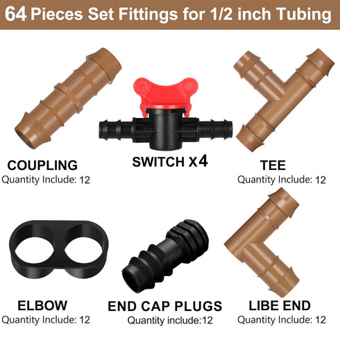 64 Pcs Drip Irrigation Fittings Kit 1/2 Inch Tubing Set Including 4 Switch Valve, 12 Elbows, 12 Couplings, 12 End Cap Plugs, 12 Tees and 12 End Cl...
