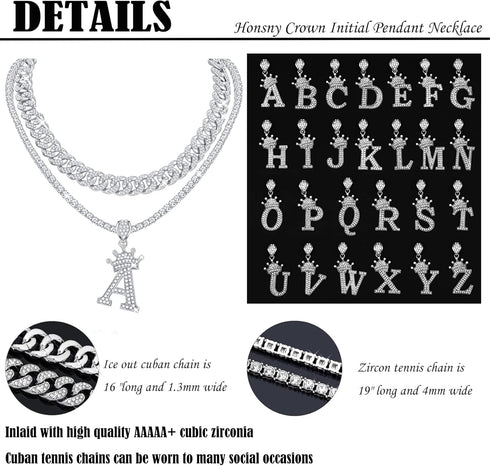 Honsny Cuban Link Chain For Women Men Silver Crown Initial Pendant Necklace Iced Out Miami Bling Diamond Tennis Chain Necklaces A-Z Letter Pendant...