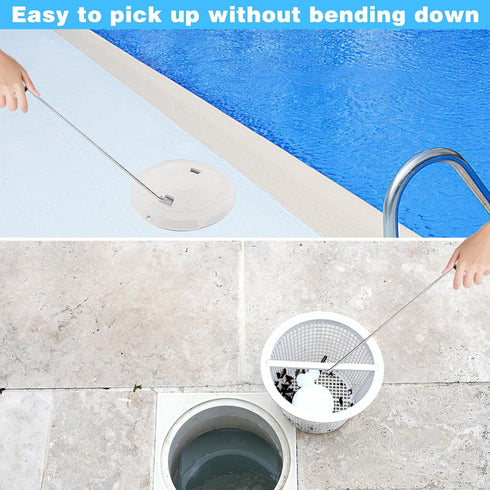 2Pcs Pool Skimmer Hook, Stainless Steel Skimmer Basket Handle Extended Knee Protection Pool Skimmer Basket Hook Tool for Cleaning Swimming Pool De...