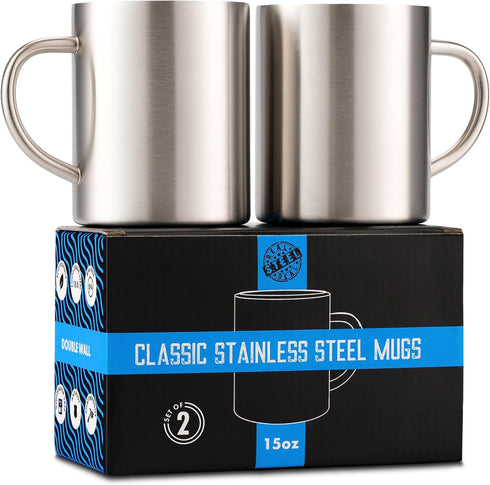 Stainless Steel Coffee Mugs – 15 oz Double Wall Stainless Steel Mugs with Handle, Metal Coffee Cups for Tea, Insulated Mug Set of 2 – BPA Free, Du...