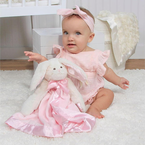 Bearington Baby Bunny Snuggler - 15 Inch Pink Rabbit Plush Stuffed Animal Security Blanket Lovey for Babies - Bunny Lovey Plush Blanket...