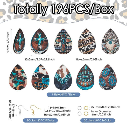 Elecrelive Teardrop Wood Earring Making Kit 36pcs Western Style Printed Earring Charms Big Boho Vintage Wood Pendants with Cowhead Turquoise Cross...