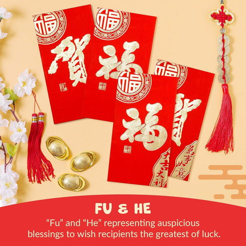 Chinese New Year Red Envelopes - 24-Count Chinese Red Packets, Hong Bao with Gold Foil Design, Gift Money Envelopes, Fu, He, 2 Designs...