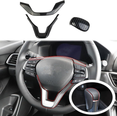Steering Wheel + Gear Shift Head Cover Molding Trims for Honda Accord 10th 2018-2022 (carbon fiber style)...