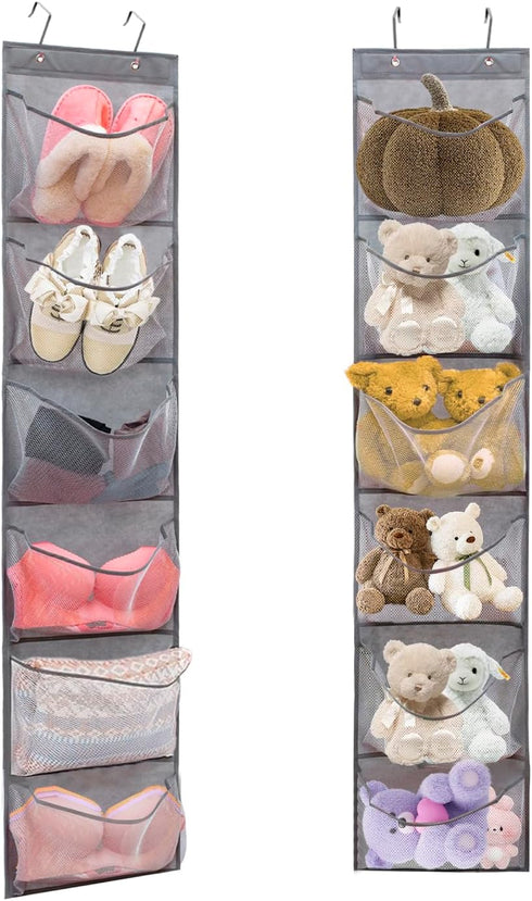 2 Pack Over the Door Shoe Organizer Hanging Stuffed Animals Storage Diaper Holder Clothes Shelve for Closet with 6 Large Pockets (Mesh Pockets - 2...