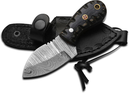 HotSteel Handmade Neck knife-Damascus Steel Full Tang knife 5'' Mini fixed blade knife-Bushcraft knife-Camping knife-Hunting knife with leather sh...