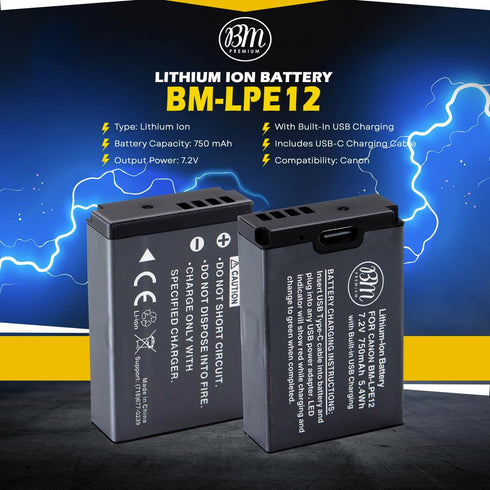 BM Premium LP-E12 Battery with Built-in USB-C Charging Port for Canon EOS-M, EOS M2, EOS M10, EOS M50, EOS M50 Mark II, EOS M100, EOS M200, SX70 H...