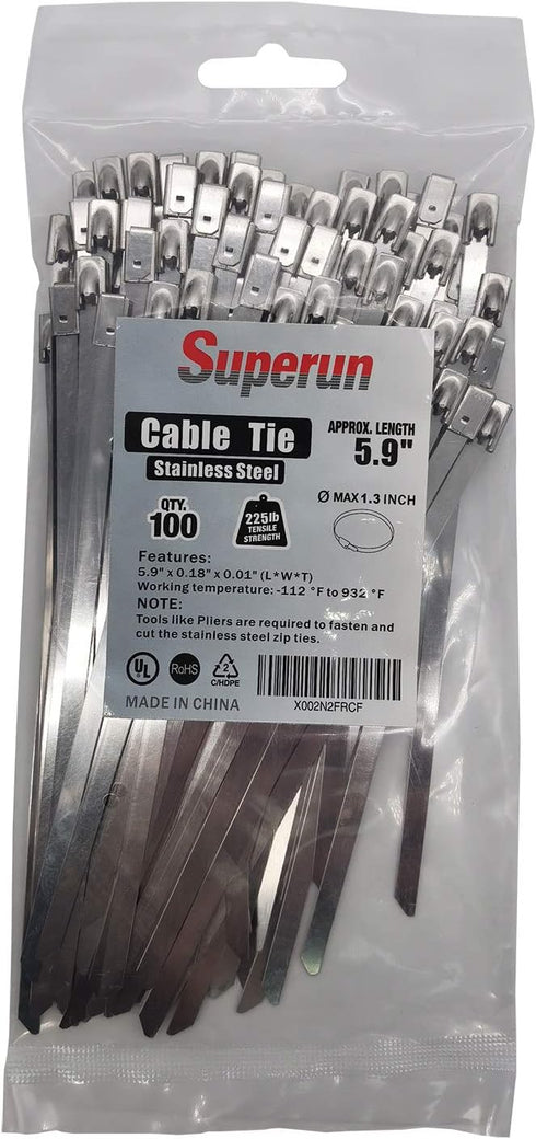 Superun Metal Zip Ties 5.9 Inch Stainless Steel Cable Ties 225 LBS Strength Tie Wrap Heavy Duty Exhaust Wrap Pack of 100 pcs...