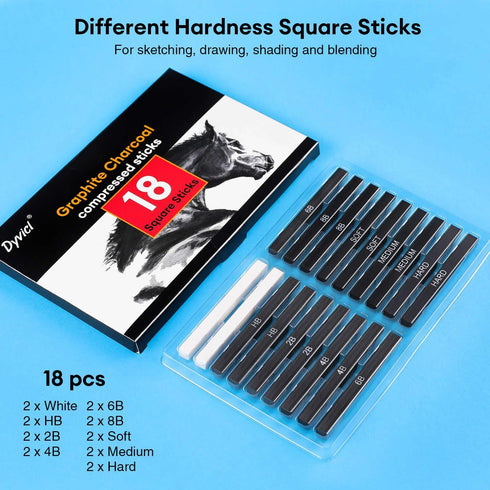 Dyvicl Compressed Graphite Charcoal Sticks, Square Black White Charcoal for Drawing, Sketching, Shading, Blending, Pack of 18 Charcoal Drawing Set...