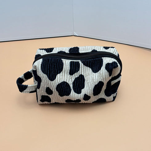 Cow Print Makeup Bag Corduroy Cosmetic Bag Cute Travel Pouch Bags White and Black Checkered Mini Makeup Purse Pouch Makeup Brushes Organizer Bag f...