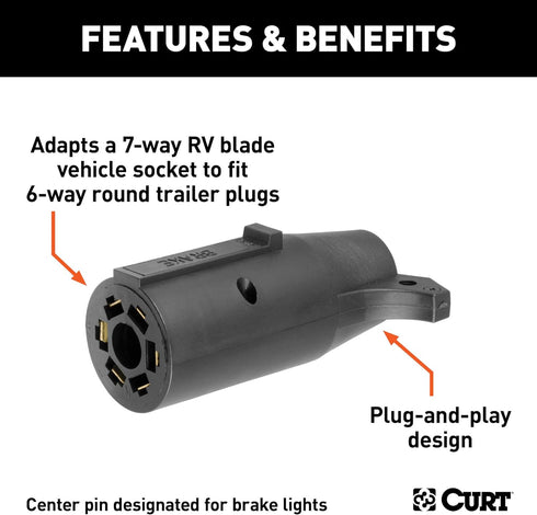 CURT 57661 7-Way RV Blade Vehicle-Side to 6-Way Round Trailer Wiring Adapter, Center Pin Brake Lights...
