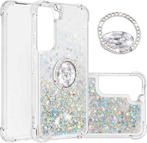 CCSmall for Samsung Galaxy S22 Plus Glitter Case with Ring Holder, Bling Sparkle Floating Liquid Soft TPU Cushion Fashion Girly Women Girls Clear ...