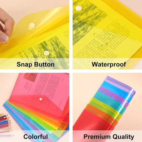 EOOUT 14 Pack Plastic Envelopes Poly Envelopes, Clear Document Folders Plastic File Folders with Snap Closure, 7 Colors, Letter A4 Size File Envel...