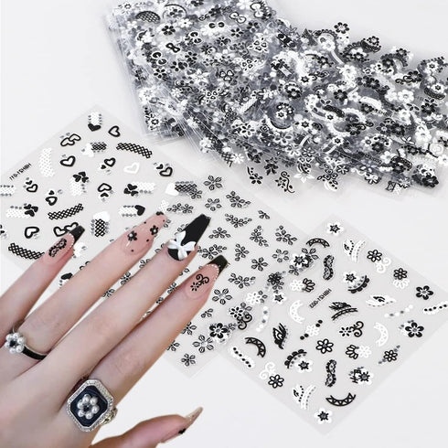 30 Sheets Flower Nail Art Stickers Black White Floral Butterfly Nail Decals 3D Self-Adhesive Daisy Nail Art Design Supplies for Women Girls Hibisc...