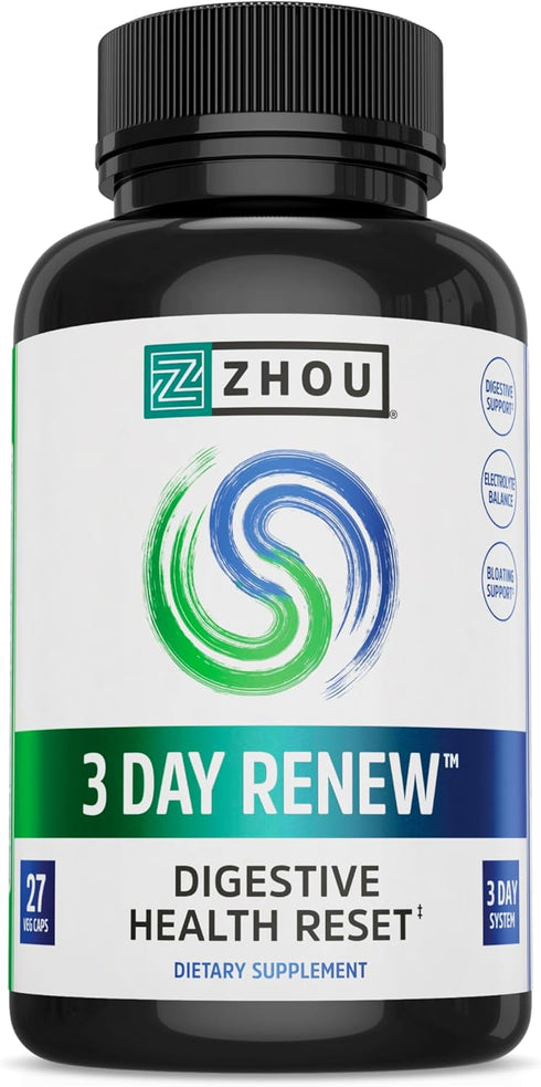 Zhou 3 Day Renew Digestive Health Reset, Bloating Aide, Alpha-Galactosidase, Probiotics, Electrolytes, 27 Veg Caps...