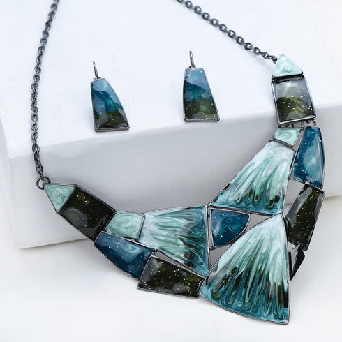 Irregular Enamel Triangle Shape Collar Bib Statement Necklace Earrings Set Women Bridal Jewelry...