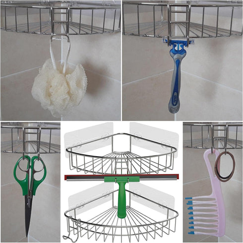 Shower Caddy Shelf Basket Rack Hooks Stainless Steel Metal Bathroom Hangers Hanging for Loofah Robe Massage Towel Squeegee Sponge Razor 2 Pack...