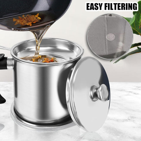 Bacon Grease Container With Strainer,1.3L(46 fl. oz.) Kitchen Stainless Steel Oil Container Can with Strainer and Anti-slip coaster tray for Store...