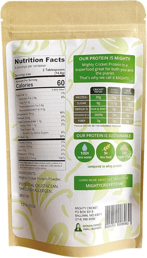 100% Pure Cricket Flour Powder - High Protein, Gluten Free + Dairy Free, 1/4 Lb...