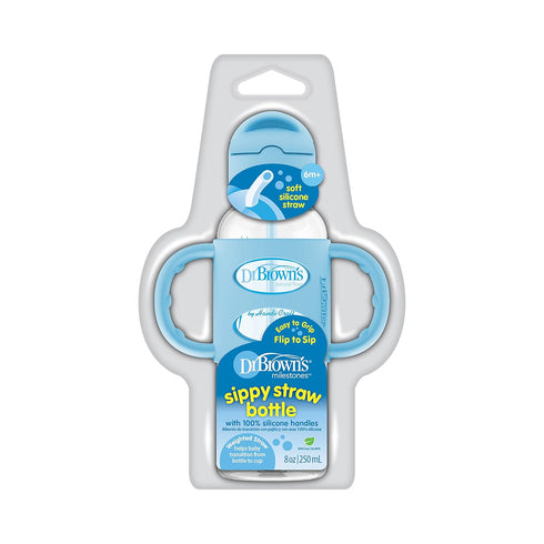 Dr. Brown's Milestones Narrow Sippy Straw Bottle, Spill-Proof with 100% Silicone Handles and Weighted Straw, 8 oz/250 mL, Blue, 6m+...