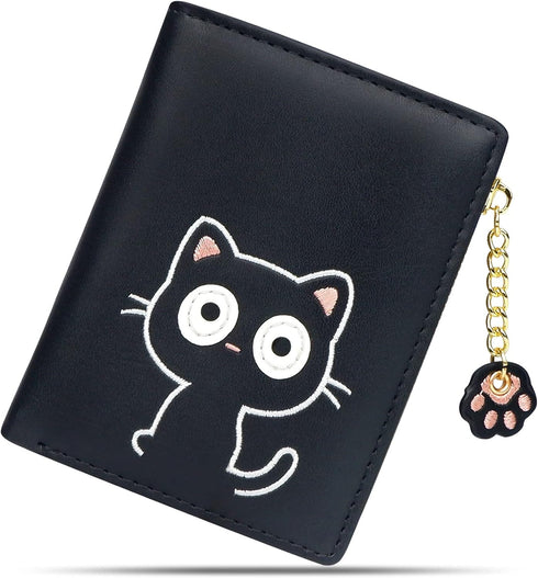 CONISY Cute Wallets for Women, Leather RFID Blocking Small Bifold Wallet with Zipper Coin Purse for Girls and Ladies Womens Wallet (Cat Black)...