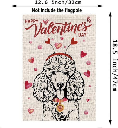 Valentines Day Garden Flag Valentine Poodle Dog Flags for Outside Love Heart Anniversary Wedding Party Home Burlap Double Sided Yard Outdoor Decor...