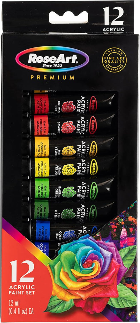 RoseArt Premium Paint Set – 12 Count Acrylic Paints for Canvas, Wood, Ceramic and Fabrics – Craft Painting Supplies for Casual to Professional Art...
