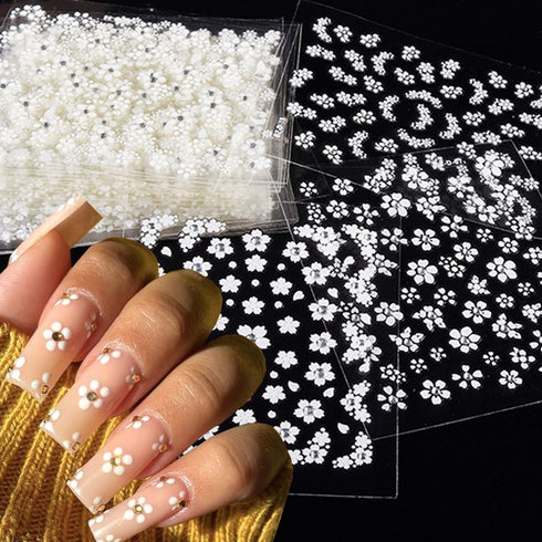 30Pcs/Set Glitter White Flower Nail Art Stickers, Small Floral Self Adhesive Nail Decals Nail Supplies White Flowers with Rhinestones Design- 3D N...